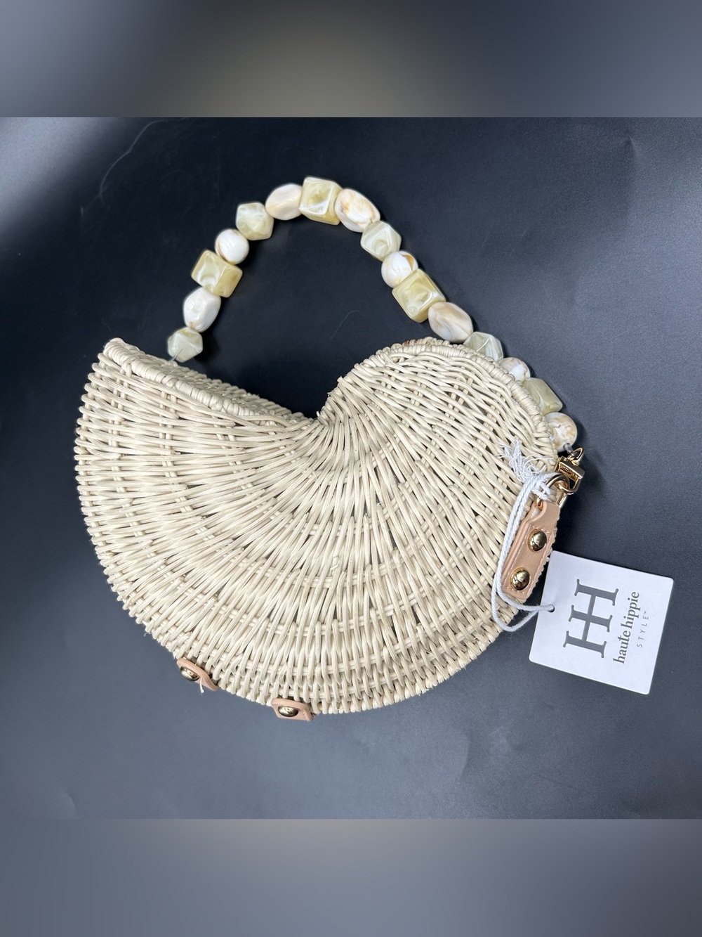 Haute Hippie Nautilus Shell Wicker Bag Beaded Handle Straw Viral Purse NWT